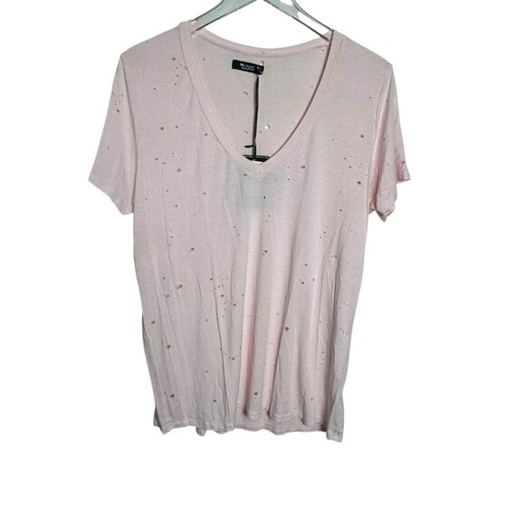 Michael Lauren Pink Distressed Ziggy V Neck Tee size large womens NWT t-shirt - Picture 2 of 8